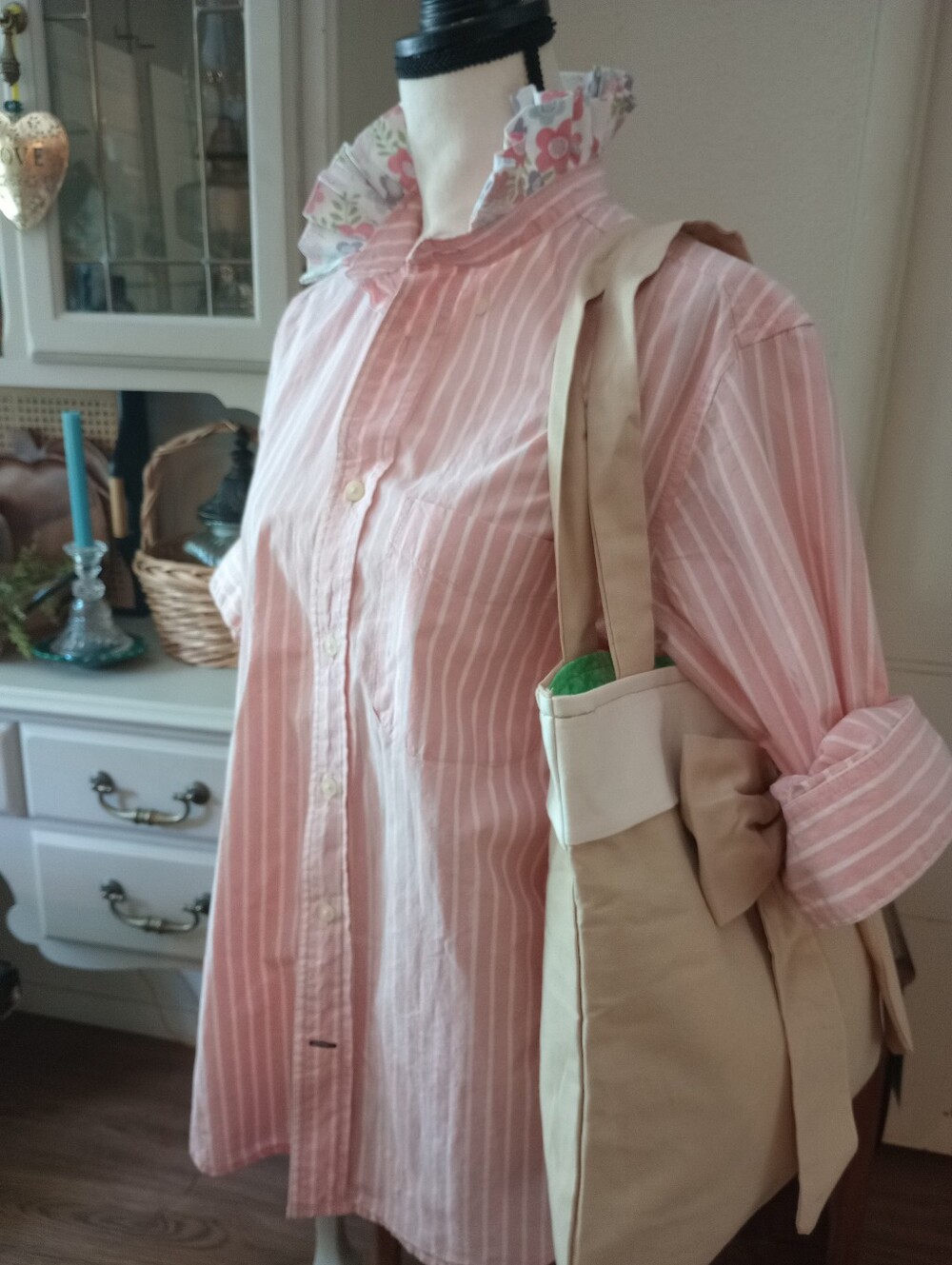 Old Navy Pink and White Striped Button-Up with Floral Ruffle Collar - Picture 8 of 11